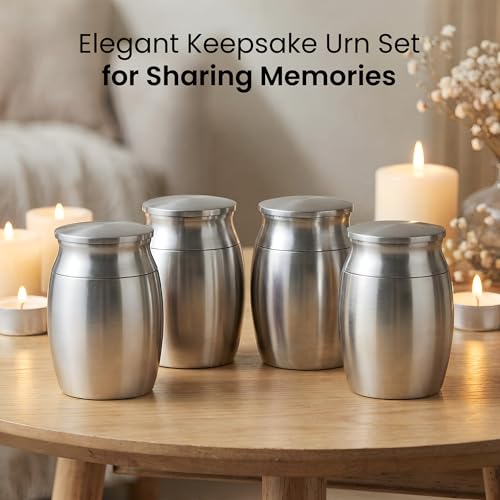 Stainless Steel Silver Urn for Ashes Adult Male & Female, Cremation urns for Human Ashes Man & Women, Set of 7 Includes 1 Large Urn, 4 Keepsakes & 1 Silver & Black Cross Necklace - color: Stainless Steel Urn - Strandard Set