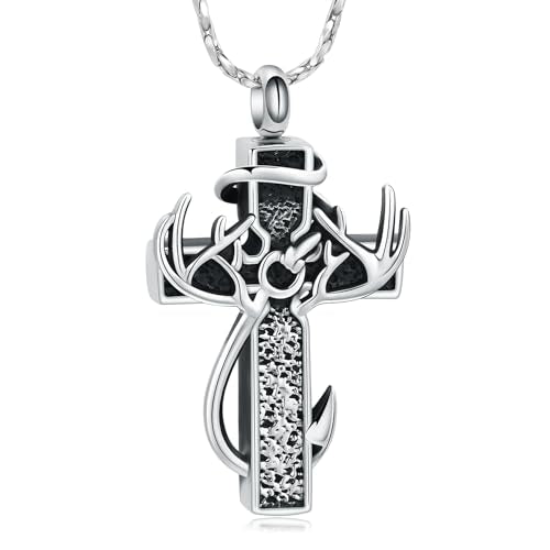 Imrsanl Cross Urn Necklace for Ashes for Women Men | Cremation Jewelry, Fish Hook Deer Antler Design Memorial Pendant, Human Pets Ashes Holder Keepsake - color: Silver-1