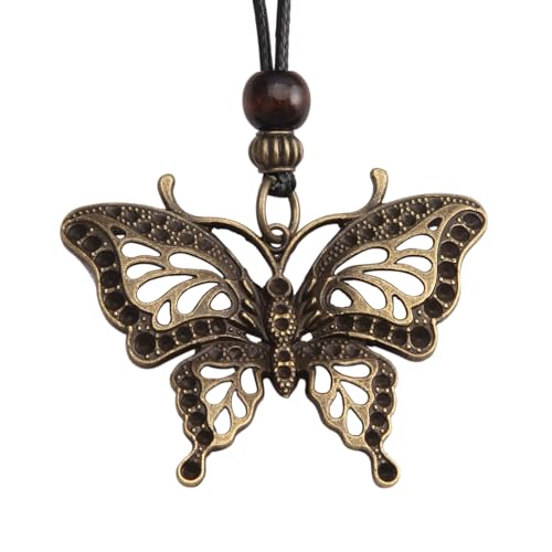 PU Leather Necklace Vintage Boho Multilayer Pendant for Women Men | Bohemian Hippie Style, Handmade Alloy Sweater Choker, Easy Adjustable Long Cord, Fit Daily Holiday Party Outfits,Jewelry Gift - color: Antique Gold Butterfly Necklace