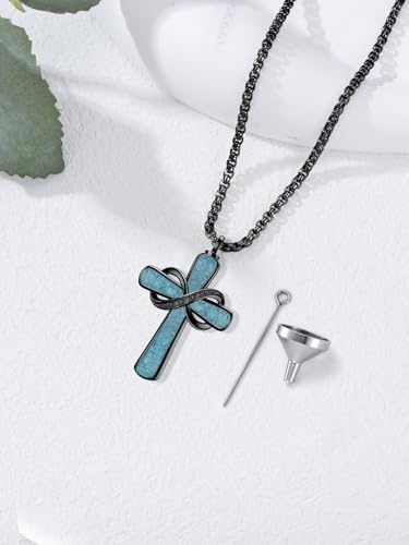 Turquoise Cross Urn Necklaces for Human Ashes 925 Sterling Silver Urn Necklaces Cremation Keepsake Memorial Pendant Necklace for Ashes for Loved One Human Pet - style: Infinity&Black-Text