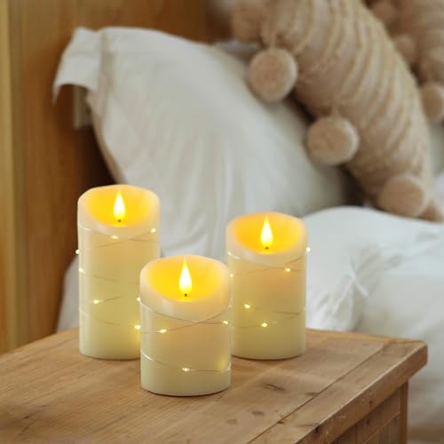 Homemory Flameless Candles with String Lights, 3 Pack Embedded Fairy String Lights LED Candles, Electric Flickering Candles with Remote Control and Timer, Real Wax, Ivory White - color: Ivory