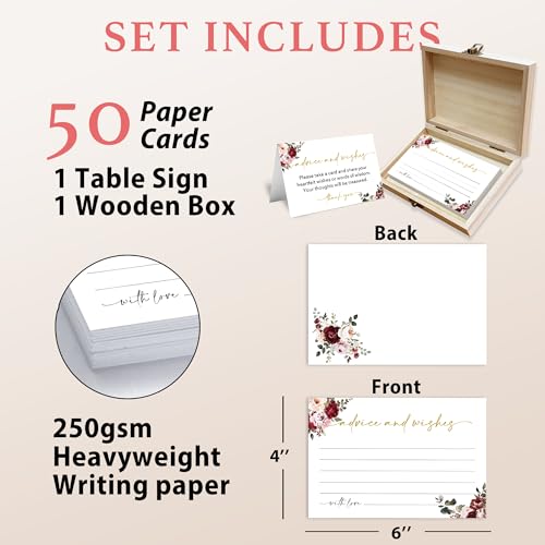 Advice and Wishes Cards Box – 50 Pcs Flowers Well Wishes & Wedding Advice Cards for Bride & Groom, Baby Shower, Birthday, Graduation, Wedding Reception, Retirement -A08 - color: Flowers, size: Set with Wooden Box