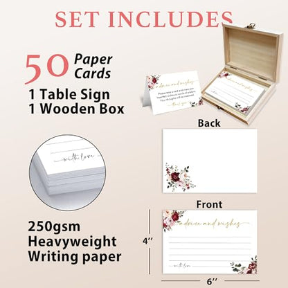 Advice and Wishes Cards Box – 50 Pcs Flowers Well Wishes & Wedding Advice Cards for Bride & Groom, Baby Shower, Birthday, Graduation, Wedding Reception, Retirement -A08 - color: Flowers, size: Set with Wooden Box