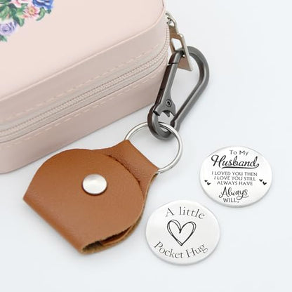 Pocket Hug Token Double Sided Engraved Inspirational Gift Leather Keychain Keepsake for MenWomen - color: To Husband