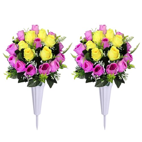 Set of 2 Artificial Cemetery Flowers with Vase,Grave Memorial Flowers,Artificial Rose Bouquet Decoration for Cemetery Headstones Gravesites (Purple Yellow, 2 Bouquets) - color: Purple Yellow