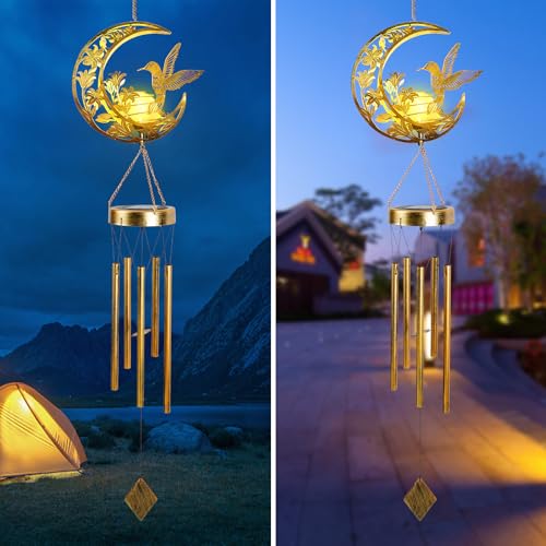 Hummningbird Solar Outdoor Wind Chimes - Unique Moon Hummingbird Design, for Mothers, Grandmothers, Sisters, Friends and Girls on Birthdays, Christmas, Thanksgiving and Mother's Day - color: Moon Hummingbird