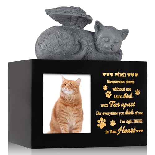 Pet Urns for Ashes, Black Wooden Cat Urns for Ashes with Cat Angel, Cat Memorial Keepsake Memory Box with Photo Frame, Loss Pet Sympathy Remembrance Gift (Medium - Memory)