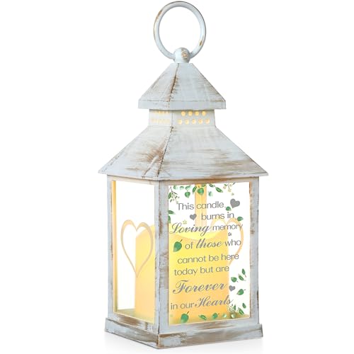 This Candle Burns in Loving Memory Memorial Lantern Sympathy Gift | Bereavement Gifts for Loss of Loved One, distressed White Wood， LED Flameless Candle, Remembrance Card for Weddings Funerals