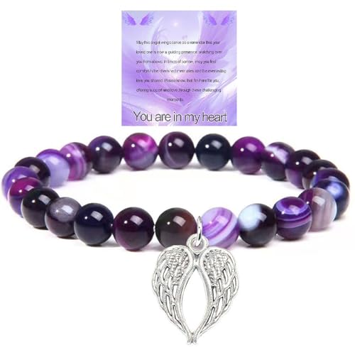 Sympathy Gift Memorial Gifts for Loss of Loved Ones, In Memory of Mother Father Memorial Bereavement Bracelet with Angel Wings Charm - color: Amethyst