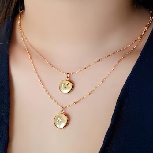 Gold Locket Necklace for Women Vintage, Heart Star Moon Butterfly Angel Holds Picture Photo Oval Locket Pendant Memorial Necklace Personalized Celestial Jewelry Birthday Gifts - style: Round Star Moon