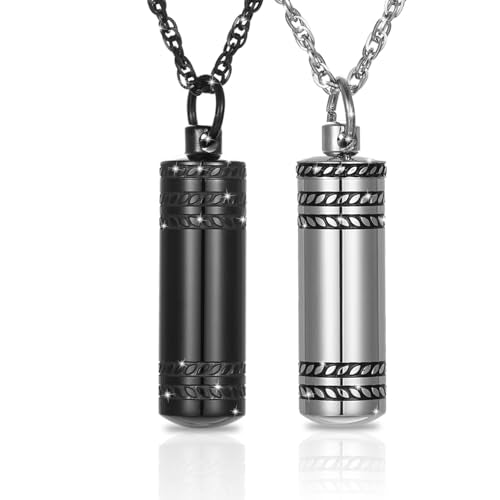 Cremation Necklace for Ashes Cylinder Urns Locket Pendant Ashes Holder Stainless Steel Memorial Jewelry Keepsake Decorative Urns for Women Men - color: 2 Pack (Silver+Black)