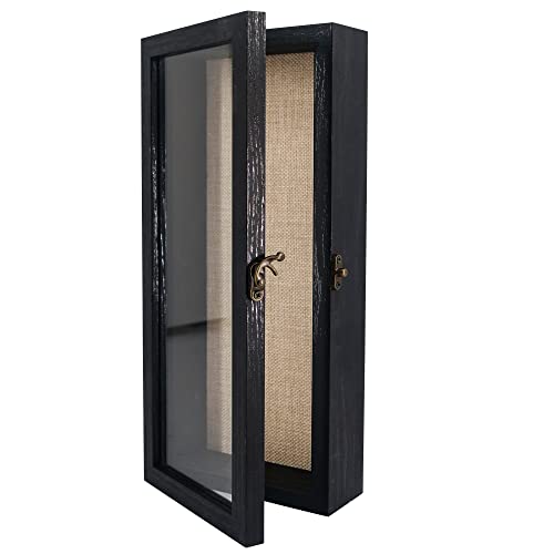 GraduatePro Shadow Box Frame 5x12.5 Display Case with Linen Back, Real Glass Window Door with Hinge, Picture Frame Wedding Bouquet Memorabilia Medals Photos Memory Box for Keepsakes, Rustic Black | Hinged Front Open Door with Tempered Glass, Linen Back wi