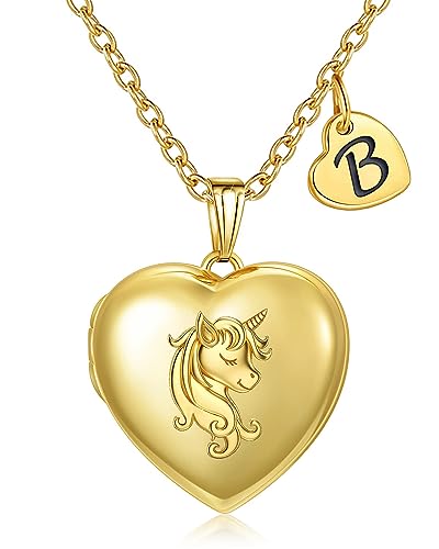 YOUFENG Heart Letter Unicorn Locket Necklace Initial Locket that Holds Pictures Locket Birthday Gifts - color: B