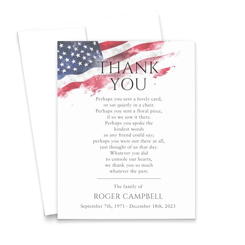 Modern Pink Paper Funeral Thank You Cards With American Flag, FLAT Patriotic Thank You Notes For Bereavement, Sympathy Acknowledgement Card For Veterans, Your Choice of Quantity & Envelope Color - color: Patriotic Flag