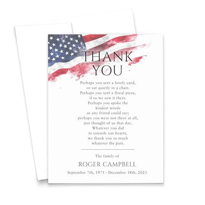 Modern Pink Paper Funeral Thank You Cards With American Flag, FLAT Patriotic Thank You Notes For Bereavement, Sympathy Acknowledgement Card For Veterans, Your Choice of Quantity & Envelope Color - color: Patriotic Flag