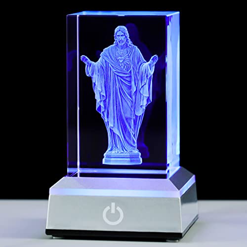 YWHL 3D Crystal Sacred Heart of Jesus Religious Gifts for Women Men | Laser Engraved Jesus Figurine with Colorful Light Base, Christian Catholic Indoor Home Decor - color: Sacred Heart of Jesus