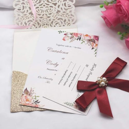 25Pcs Gold Glitter Laser Cut Invitations with RSVP Cards and Envelopes - color: Glitter Gold