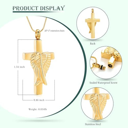 Cross Cremation Jewelry Urn Necklaces Cross Angel Wings Urn Necklaces for Ashes Memorial Keepsake Pendant for Women Men Gifts With Funnel Kit & Bag - color: Gold