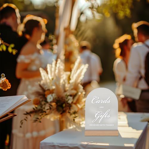 Acrylic Cards and Gifts Sign for Wedding Reception with Wood Stand, 5 x 7 | Wedding signage directs guests to the card box or gift table; frosted acrylic sign with UV-printed white text. - size: Cards and Gifts Sign