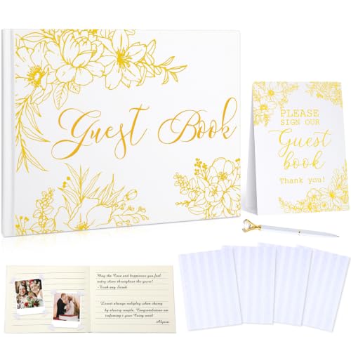 Wedding Guest Book with Pen and Table Sign, 7x9 Inch Photo Guestbook with 88 Lined Pages, Personalized Guestbook Photo Album Sign in Book for Reception Bridal Shower Wedding Birthday Party(Gold Foil) - style: Gold Foil