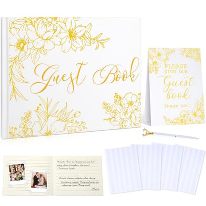 Wedding Guest Book with Pen and Table Sign, 7x9 Inch Photo Guestbook with 88 Lined Pages, Personalized Guestbook Photo Album Sign in Book for Reception Bridal Shower Wedding Birthday Party(Gold Foil) - style: Gold Foil