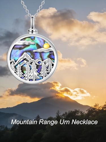 Urn Necklace for Women Sterling Silver Meaningful Memorial Jewelry | Paw Print/Butterfly/Dragonfly/Bird/Dolphin/Mountain/Tree of Life Urn Necklace for Ashes Cremation Keepsake Jewelry for Women - style: Abalone-Mountain range