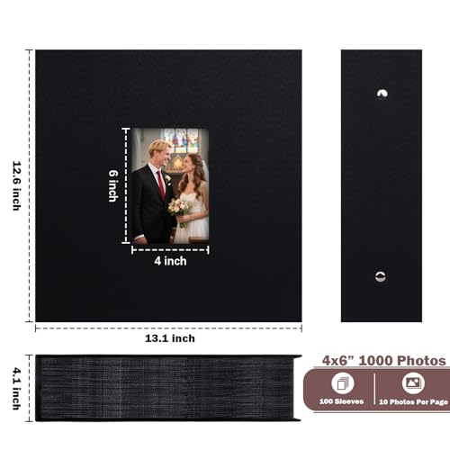 Ruibytree Extra Large Capacity Photo Album 4x6 Pictures 1000 Pockets, Black | Linen Hardcover, Removable Acid-Free Pages, Fits Horizontal & Vertical Photos, Front 4x6 Window, for Family, Wedding & Travel - color: Black