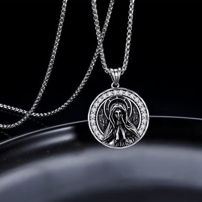 925 Sterling Silver Patron Saint Necklace Amulet Miraculous Medal Pendant Jewelry for Men Women with Friendship Talisman Travel Inspirational Gifts - color: black-A