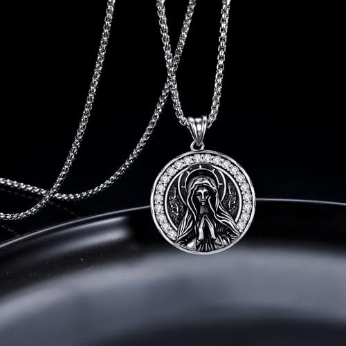 925 Sterling Silver Patron Saint Necklace Amulet Miraculous Medal Pendant Jewelry for Men Women with Friendship Talisman Travel Inspirational Gifts - color: black-C