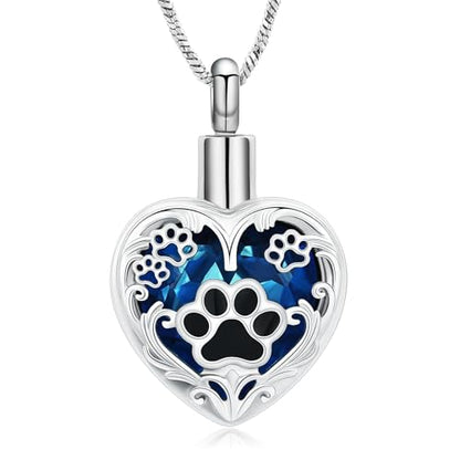 Yinplsmemory Pet Urn Necklace Pendant Jewelry for Dog Cat Memorial Crystal Heart Cremation Jewelry with Paw Print Ashes Keepsake Funeral Jewelry - color: Silver-blue