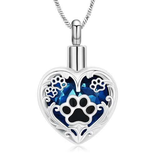 Yinplsmemory Pet Urn Necklace Pendant Jewelry for Dog Cat Memorial Crystal Heart Cremation Jewelry with Paw Print Ashes Keepsake Funeral Jewelry - color: Silver-blue