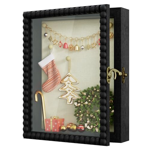 Love-KANKEI Deep Shadow Box Frame 8x10,Unique Solid Wood Beads Frame,Black | Front-Opening Glass Door，Metal Latch-Lock,Assembly-Free,Tabletop & Wall-Mount,Memory Box,Gift,Display Photos,Awards,Medals - color: Black, size: 8x10