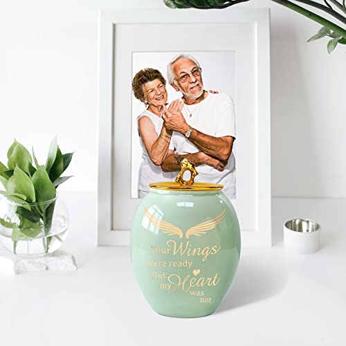 Green Medium Cremation Urn for Human Ashes Adult Male Female | Angel Ceramic Urn for Ashes Men Women Dad Mom,Memorial Urn with Velvet Bag & Funnel – A Perfect Tribute & Gift for Families - size: Medium