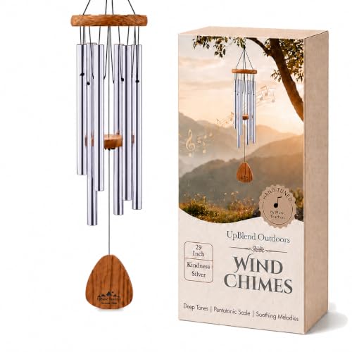 Silver Wind Chimes for Outside Deep Tone, 29 Inch Hand Tuned B Major Pentatonic Soprano Wind Chime with Decorative Kindness Stone, Outdoor Garden Patio Porch Decor, Meaningful Sympathy Memorial Gift - size: 29"