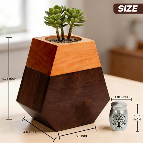 Americurn Plant Cremation Urns for Human Ashes Adult Male & Female Includes 1 Large Urn, 4 Keepsake & 1 Silver & 1 Black Cross Necklace- Wooden Urns for Human Ashes - color: Plant Urn-standard Set