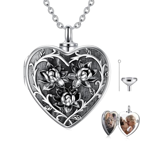 Dorunmo Personalized Locket Urn Necklace 925 Sterling Silver Pictures Photo Keep Someone Near to You Custom Lockets Jewelry Letters Engraving for Women - color: C-Lotus, style: Locket Only