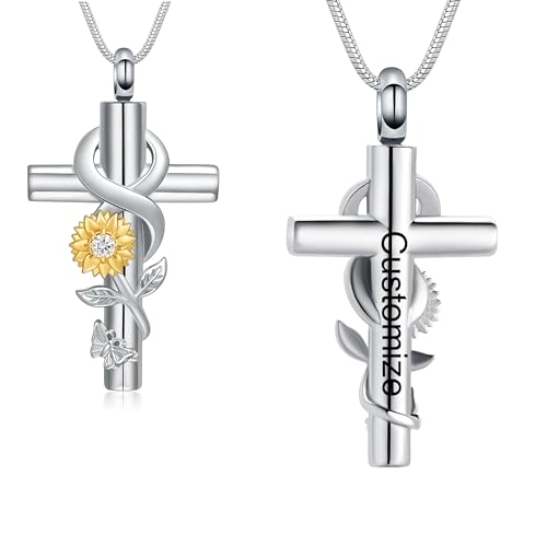 Cross Sunflower Cremation Jewelry Urn Necklaces Cross Urn Pendant Necklaces for Ashes Memorial Keepsake Pendant for Women Men Gifts With Funnel Kit & Bag - color: Customize
