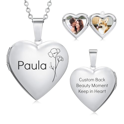Personalized Heart Locket Necklace for Women with Picture Custom Inside Engraved Text Silver/Gold/Rose Gold Photo Locket Stainless Steel Memorial Gifts for Mom Daughter Grandmother - color: F1: Silver