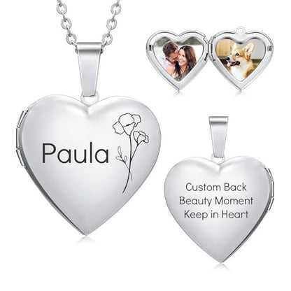Personalized Heart Locket Necklace for Women with Picture Custom Inside Engraved Text Silver/Gold/Rose Gold Photo Locket Stainless Steel Memorial Gifts for Mom Daughter Grandmother - color: F1: Silver