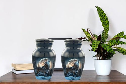 Keepsake Urns Set of 2 With Premium Velvet Box - Wolf Mini Urns for Human Ashes | Decorative, Funeral, Cremation Urns for Women and Men