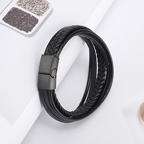 Mens Leather Bracelet with Clasp Cowhide Multi-Layer Braided Leather Mens Bracelet - style: black leather&black clasp&7.5
