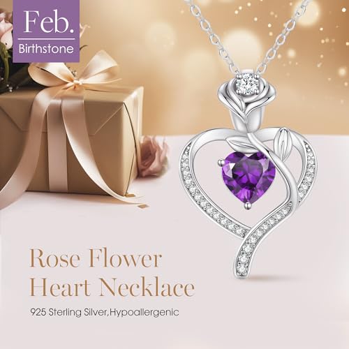 925 Sterling Silver Rose Love Heart Birthstone Necklaces for Women Jewelry | Hypoallergenic Nickel-Free & Lead-Free Pendant,Birthday Anniversary Christmas Gift for Women Wife Mom Girlfriend - color: White Gold-02-Feb