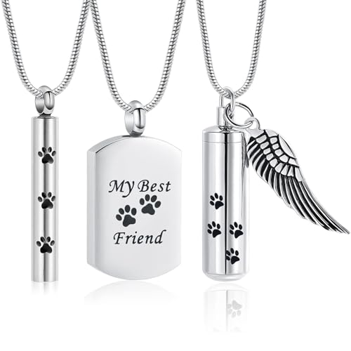 Hearbeingt Cylinder Cremation Jewelry Paw Print Urn Necklaces for Ashes | Stainless Steel,with Charm Wing,for Women Men,Memorial Necklace,Ash Pendant for Human Pet,Keepsake Jewelry,Gift,Fill Tool - color: 3PCS-Silver