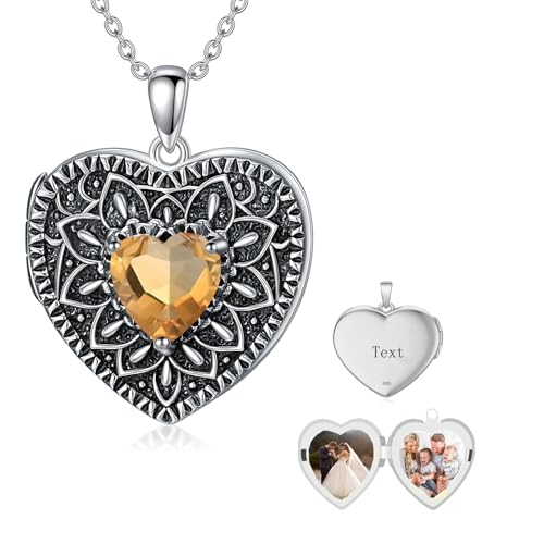 Heart Photo Locket Necklace 925 Sterling Silver Birthstone Gemstone That Holds 2 Pictures Locket Necklace Jewelry Gifts for Mother Women Mom Mother's Day Christmas Birthday - style: 11-Nov-Citrine-Customize