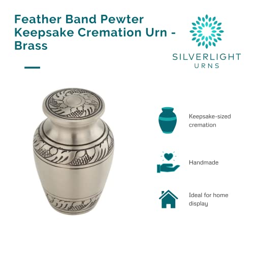 Feather Band Keepsake Cremation Urn for Ashes in Pewter, Brass, Gray Silver Urn, Keepsake Sized Cremation Urn, 2.75 Inches High - color: Feather Band