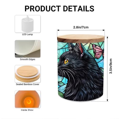 Stained Glass Black Cat Memorial Jar Tealights Flower Candle Holder with Battery Operated Flickering Tea Light, Pet Sympathy Tea Light Holder Light Glass Tealight Holder Gife for Lost Cat - color: Stained Glass Black Cat