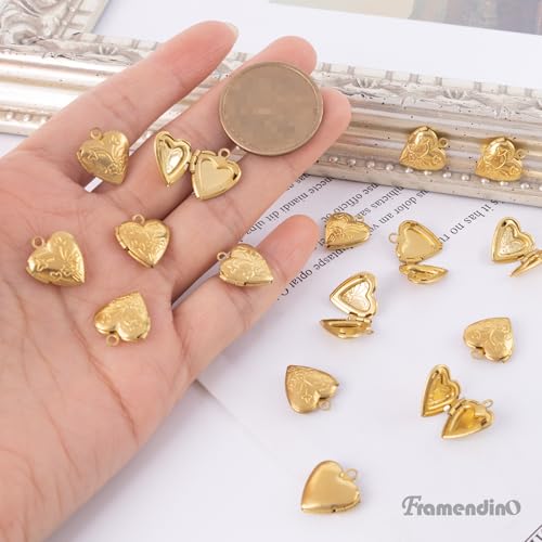 Framendino, 20 Pack Gold Heart Photo Frame Charms Locket Pendants Memory Pendant for DIY Necklace Bracelet Jewelry Making