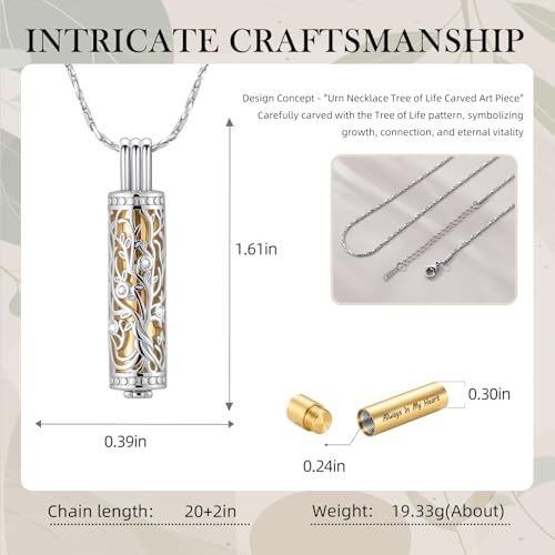 Cylinder Urn Necklace Crystal Tree of Life Cremation Jewelry Pendant for Women Men Vial Cremation Ash Pendant Loved One Memorial Jewelry with Mini Keepsake Urn Ash - Always In My Heart - color: Silver-Gold-Always In My Heart