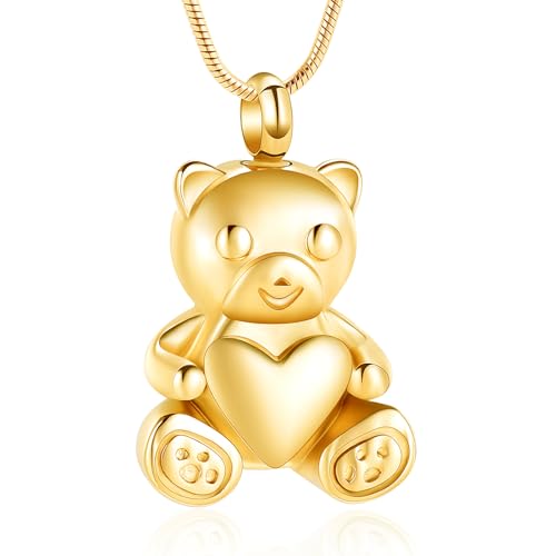 Cremation Jewelry - Teddy Bear Urn Necklace for Men Women with Mini Keepsake Urn Memorial Ash Jewelry - color: Gold