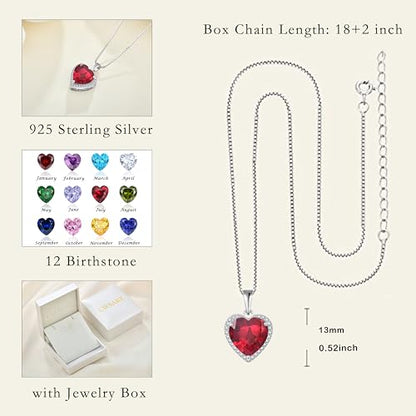 925 Sterling Silver Halo Heart Necklace for Women | Lwsary Love Heart Necklace, Heart Cut Birthstone Jewelry for Her - color: Deep Red
